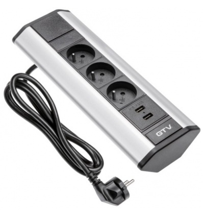 Bloc prise d'angle 3 prises + 2 USB câble 1.5M 16A.230V 2P+T argent