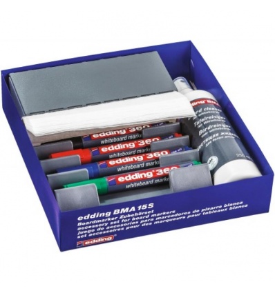 Kit accessoires pour tableaux blancs avec 1 nettoyant, 1 effaceur, 1 porte marqueur, 4 recharges papier, 4 marqueurs