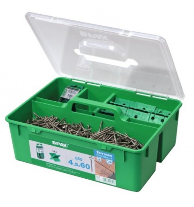 Kit de fixation Pro, pour terrasse bois résineux avec 850 vis 4,5x70 A2, 12 cales et 5 embouts T20