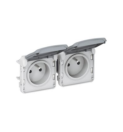 Double prise 2PT précâblées horizontale Plexo composable IP55 16A 250V gris