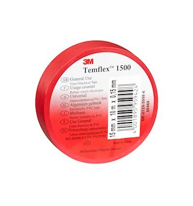 3M Temflex 1500 Ruban disolation électrique 10m x 15mm Rouge