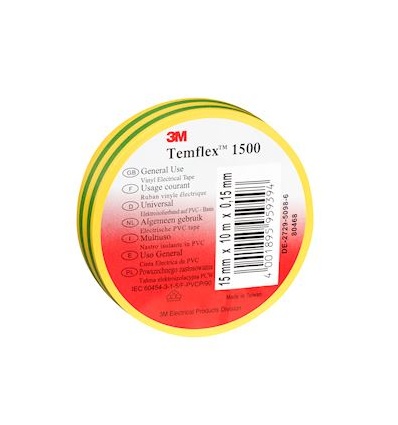 3M Temflex 1500 Ruban disolation électrique 10m x 15mm VertJaune