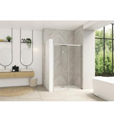 Paroi de douche coulissante 2 panneaux sans seuil Smart Design 120 cm version droite chromé et verre transparent