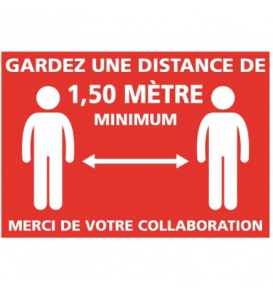 Adhésif pour mur Gardez une distance de 150m 21x30 cm blanc sur fond rouge