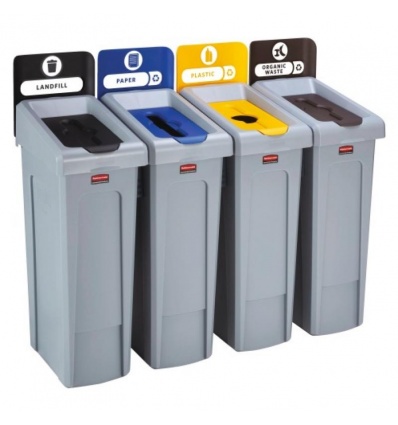 Station recyclage 4flux Décharge non recyclables GRISPapier BLEUBouteilles plastique et canettes JAUNEVerre VERT