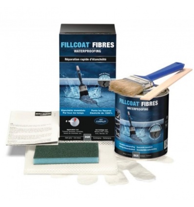 Kit de réparation de trous et fissures FILLCOATFIBRES bidon de 1l avec brosse gants toison de rebouchage et ponçage