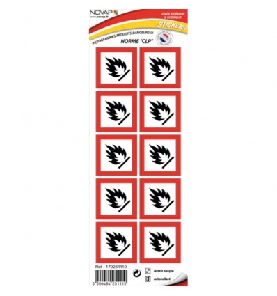 Pictogramme adhésif produit inflammable Norme CLP 40mm de côté planche de 10 adhésifs