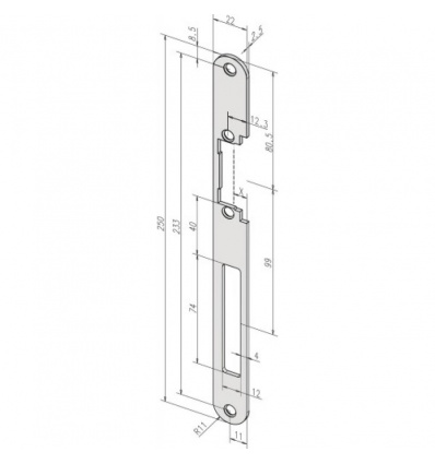 Têtière de gâche électrique plate longue pour dormant bois en 250 x 22 x 2 mm inox