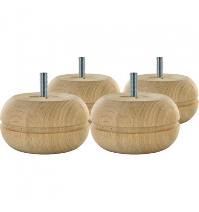 Pieds de meuble boule crantée en bois Ø 85 mm hauteur 50 mm filetage M8 en hêtre brut