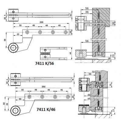 Pivot du haut 7411 K56 complet en acier zingué pour porte à fleur simple action