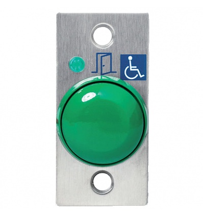 Bouton poussoir champignon 1 cm de saillie sur plaque inox encastrable 1 contact NONF Led et buzzer de signalisation avec pictogramme porte Dimensions 80 x 38 mm