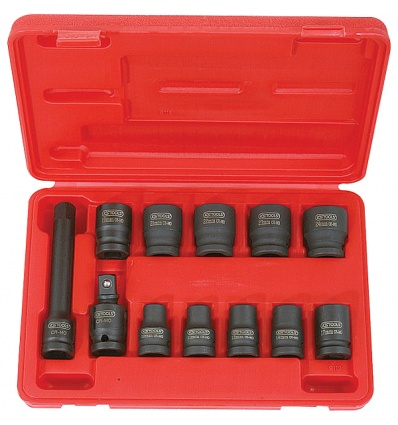 Set de douilles à chocs 6 pans 12 10 douilles 10 11 13 14 17 19 21 22 23 24 mm 1 cardan 1 rallonge