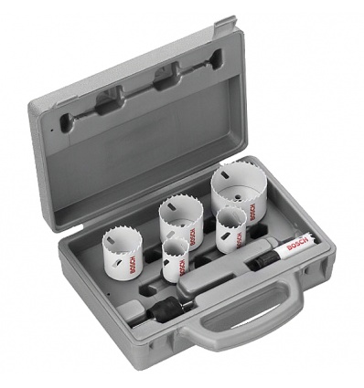 Coffret de 6 scies trépan en 22 29 35 44 51 et 65 mm 1 adaptateur Power Change 2 forets de centrage HSSG