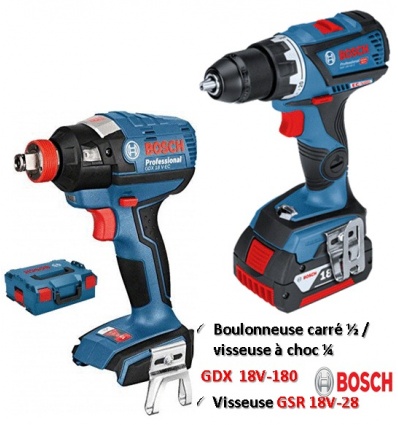 Pack de 2 outils 18V Bosch GSR18V28GDX180 2 batteries 4 Ah chargeur coffret LBOXX