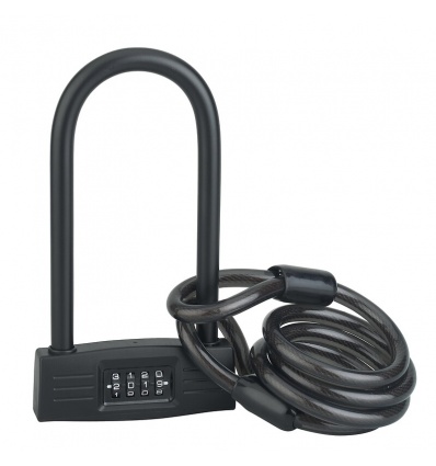 Cadenas antivol noir à code 4 virolles 123mm anse acier cementé nickelé gainé D14mm ht168mm cable acier 12m noir UP