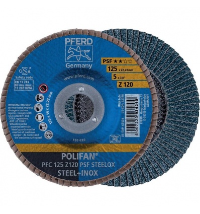 Disque à lamelles conique universel Polifan PSF Steelox Z acier et inox 125 mm grain60 bleu boîte de 10 444078 PFERD