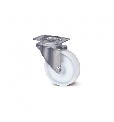 Roulette pivotante en inox embouti sur platine roue polyamide blanc moyeu lisse d 100 inox