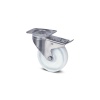 Roulette pivotante a frein en inox embouti sur platine roue polyamide blanc moyeu lisse d 100 inox