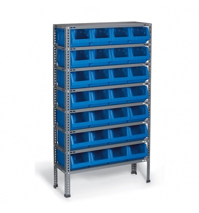 Etagère acier à monter 8 tablettes 28 bacs 10L bleu H1600x1000x260