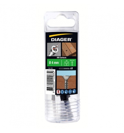 Kit terrasse 3 forets 4 mm et fraisoir carbure perçage 4 mm pour vis de 45 à 6mm