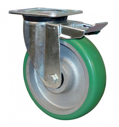 Roulette épaisse pivotante blocage sur platine fontepolyuréthane vert souple haute performance 160 mm charge 550 kg