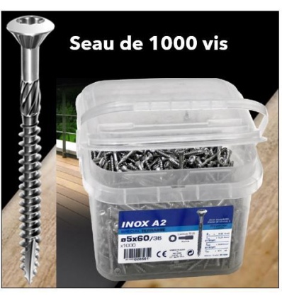 VIS INOX A2 5X60/36 POUR TERRASSE BOIS - SEAU DE 1000 - VYNEX